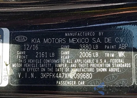 2017 Kia Forte Lx z USA, uszkodzony, nr VIN 3KPFK4A7XHE099680